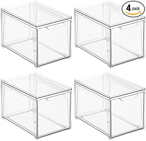 mDesign Plastic Stackable Bathroom Storage with Pull Out Bin Organizer Drawer for Cabinet, Vanity, Shelf, Cupboard, Cabinet, or Closet Organization - Lumiere Collection - 4 Pack - Clear by mDesign