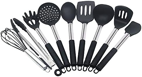 Silicone Kitchen Utensil Set, 8 pcs Kitchen Cooking Utensils Set, Heat Resistant Non-Stick Silicone Cookware with Stainless Steel Handle, Spatula Spoon Turner Tongs(Black) by Unknown