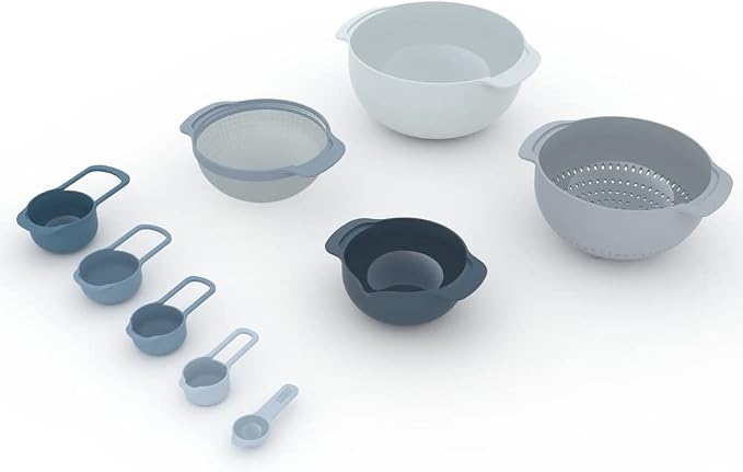 Joseph Joseph Nest 9 Piece Compact Food Preparation Set with Mixing Bowls, Measuring cups, Sieve and Colander, Space Saving, Blue - Image 2