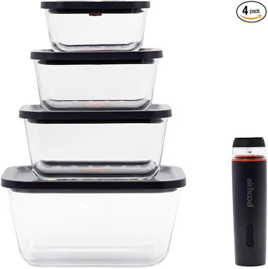 Vacuum Food Storage Container Set and Powerful Electric Vacuum Pump | With 4 borosilicate glass containers; keeps food fresh 5x longer; microwave, freezer & oven safe; BPA-free & stackable by AirHood
