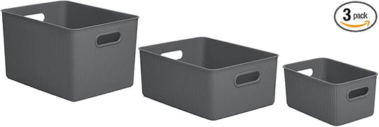 Superio Ribbed Collection - Decorative Plastic Basket Open Home Storage Bins Organizer, Grey (Set of 3) 1 X-Large, 1 Large, 1 Medium - Container Boxes for Organizing Closet Storage Bins for Shelves by Superio