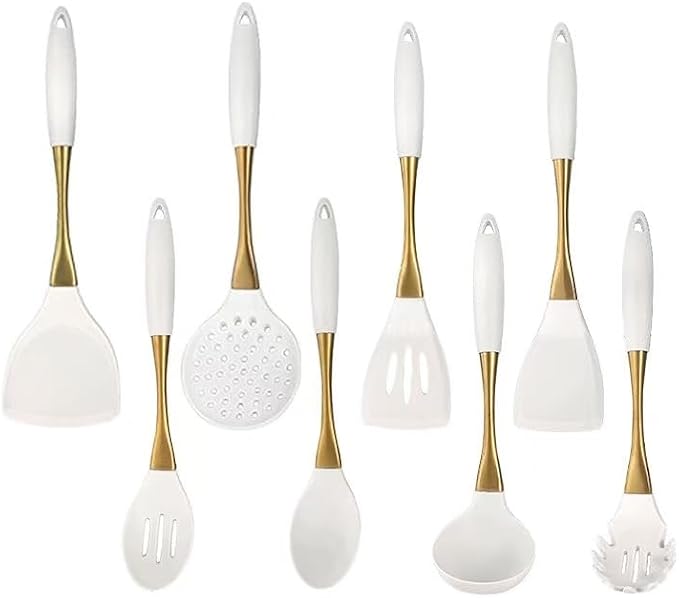 8-Piece Silicone Kitchen Utensil Set, White and Gold, Heat Resistant Cooking Tools with Comfort Handles- Includes Spatula & Spoon for Nonstick Cookware (Elegant White & Gold) by Unknown
