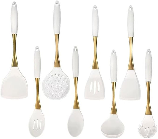 8-Piece Silicone Kitchen Utensil Set, White and Gold, Heat Resistant Cooking Tools with Comfort Handles- Includes Spatula & Spoon for Nonstick Cookware (Elegant White & Gold) by Unknown
