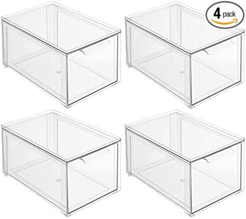 mDesign Plastic Stackable Bathroom Storage with Pull Out Bin Organizer Drawer for Cabinet, Vanity, Shelf, Cupboard, Cabinet, or Closet Organization - Lumiere Collection - 4 Pack - Clear by mDesign