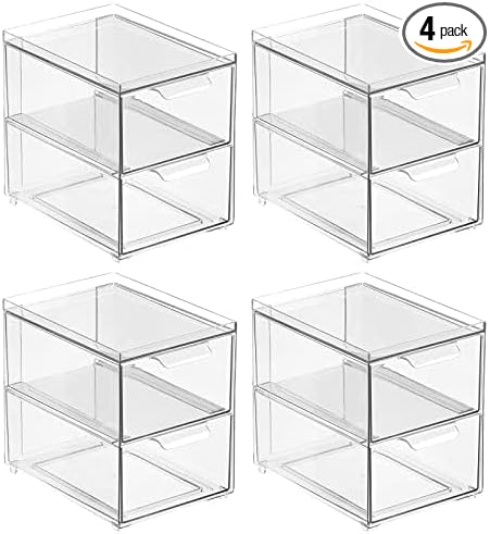 mDesign Stackable Storage Containers Box with 2 Pull-Out Drawers - Stacking Plastic Drawer Bins for Closet Organization, Linen, Coat, Bedroom or Entryway Closets - Lumiere Collection - 4 Pack, Clear by mDesign