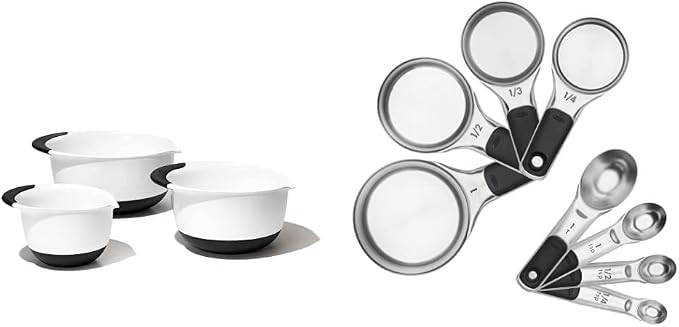OXO Good Grips 3-Piece Plastic Mixing Bowl Set, 2500 ml,White/Black Good Grips Stainless Steel Measuring Cups and Spoons Set, 2.9, 8 Piece by Unknown