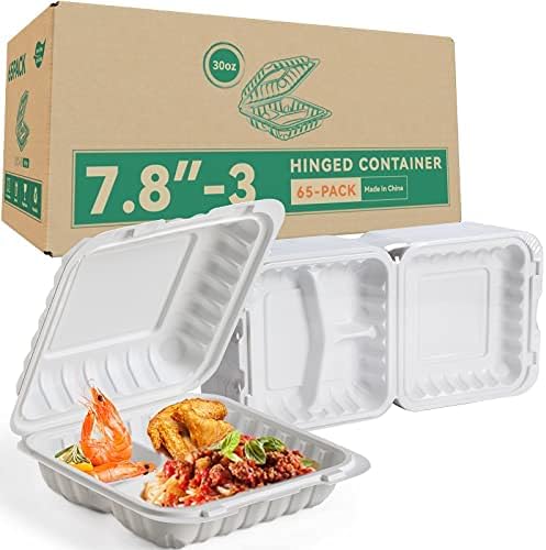65 Pack 30oz 7.8 Inch To Go Containers - Shrink Wrapped No Pre-Wash | 3 Compartment Reusable & Sturdy | Microwave, Dishwasher and Freezer Safe Meal Prep Boxes for Leftovers, Catering & Takeout by LEOBOX