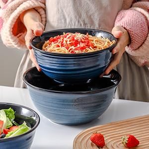 HASENSE Large Serving Bowls, 9 Inch Ceramic Salad Bowls, 84 oz Serving Dishes for Entertaining, Deep Bowl Set Perfect for Soup Pasta Pho Popcorn Fruit, Dishwasher Microwave Safe, Set of 2, Navy Blue - Image 6