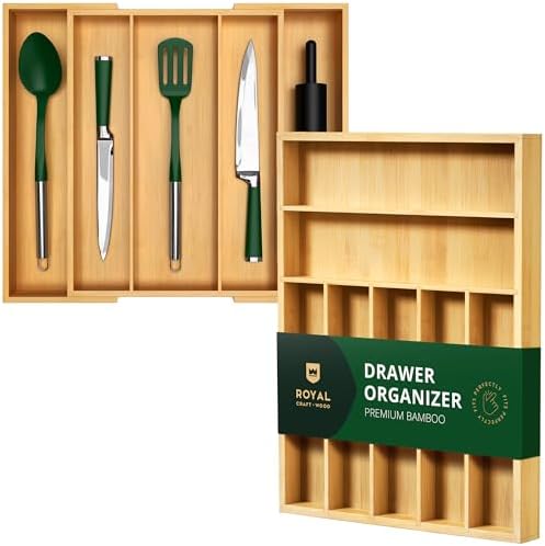 ROYAL CRAFT WOOD Luxury Bamboo Kitchen Drawer Organizer - Silverware Organizer - Utensil Holder and Cutlery Tray with Grooved Drawer Dividers for Flatware and Kitchen Utensils by ROYALCRAFTWOOD