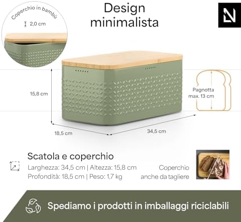 LARS NYSØM Bread Box I Metal bread box for long lasting freshness with non-slip pads I Baked goods Bin with bamboo lid usable as cutting board I 13.6x7.3x6.2in (Sage Green) - Image 2
