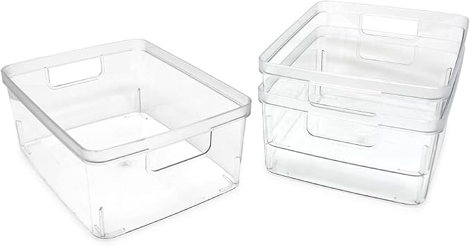 Isaac Jacobs 3-Pack Medium Clear Storage Bins (8” L x 10” W x 4.25” H) | Cutout Handles, Plastic Organizer for Home, Office, Kitchen, Fridge/Freezer, Bathroom, BPA Free, Food Safe (3-Pack, Medium) - Image 2
