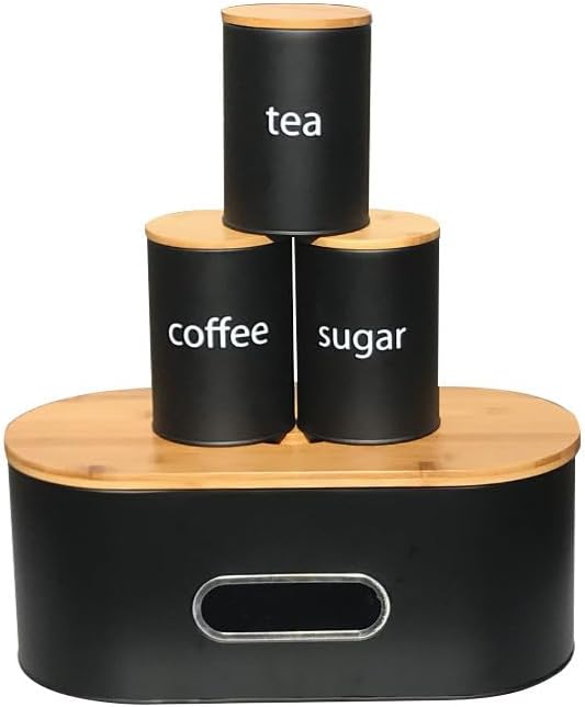 SOTECH Extra Large Bread Box Metal Bread Bin with Bamboo Lid&Window Modern Food Storage Container for Kitchen Counter Kitchen Decor Organizer Farmhouse Black (Black box with 3jars) by SOTECHLLC