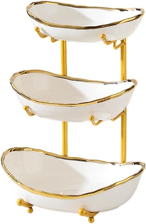 3 Tier Fruit Bowl for Kitchen Counter,Ceramic Bowl with Metal Stand,3 Tier Fruit Basket for Vegetable Bread Candy Snack Nuts Dessert Cake Tray (White Bowl Gold Rack) by jessie