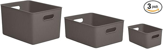 Superio Ribbed Collection - Decorative Plastic Basket Open Home Storage Bins Organizer, Brown (Set of 3) 1 X-Large, 1 Large, 1 Medium - Container Boxes for Organizing Closet Storage Bins for Shelves by Superio