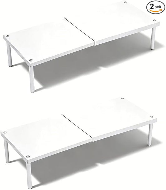 Extendable Metal Shelf Organizer - Adjustable 14.6-24.4in Length, Stackable Storage Rack for Kitchen, Pantry, Bathroom, Shoe Cabinet & Tool Closet (2 Pack, White) by JBESUHI