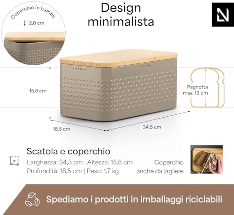 LARS NYSØM Bread Box I Metal bread box for long lasting freshness with non-slip pads I Baked goods Bin with bamboo lid usable as cutting board I 13.6x7.3x6.2in (Taupe Brown) - Image 2