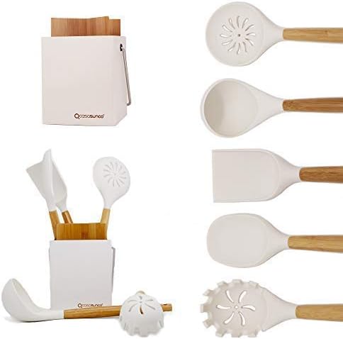 White Kitchen Utensils Set with Holder Silicone Cooking Utensils, Non-stick Durable Silicone & Beech Wood, Professional Heat-Resistant Set of 5 (Creamy White) - Image 4
