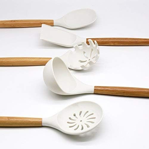 White Kitchen Utensils Set with Holder Silicone Cooking Utensils, Non-stick Durable Silicone & Beech Wood, Professional Heat-Resistant Set of 5 (Creamy White) - Image 5