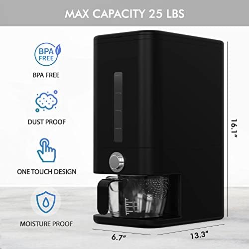 Rice Dispenser - 26.5 lbs Rice Storage Container with Measuring Cup, Rice Scoop & Sponge – Large Cereal Grain Bucket with Scale for Kitchen Pantry Organization, BPA-free, Airtight (Black) - Image 3