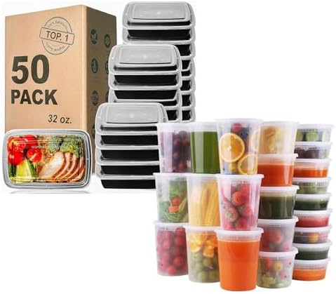 WGCC Meal Prep Containers 50Pack 32oz and Deli Containers with Lids 48 Sets-8oz, 16oz, 32oz, Leakproof, BPA Free/Microwave/Freezer/Dishwasher Safe by WGCC
