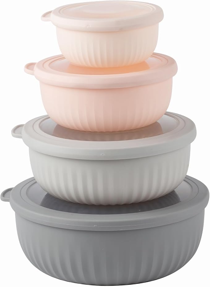 COOK WITH COLOR Prep Bowls with Lids- Wide and Deep Nesting Plastic Small Mixing Bowl Set with Lids, 8 Piece Set - Wide Bowls, Grey/Pink by CookwithColor