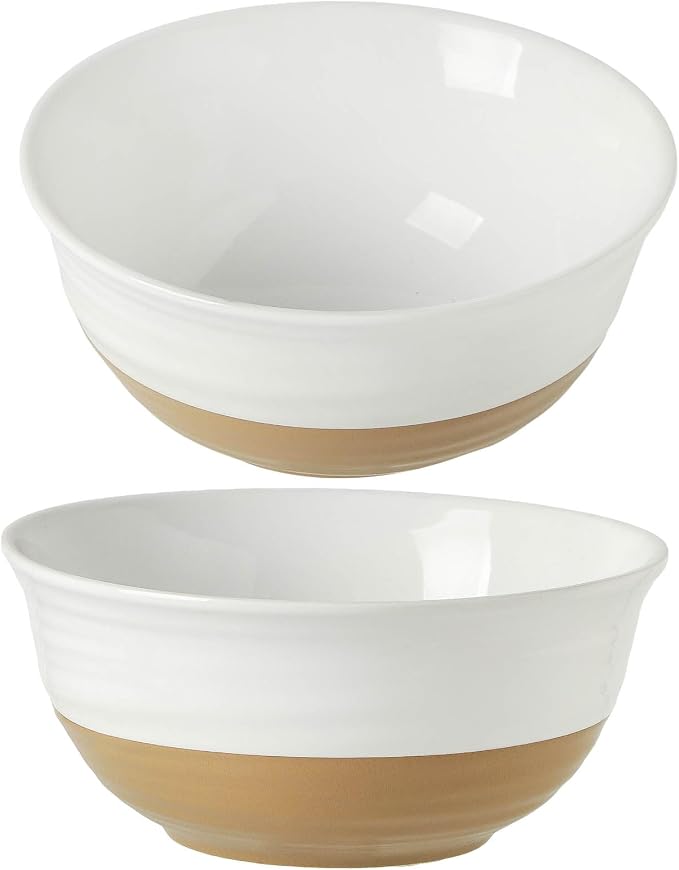 HASENSE Large Ceramic Serving Bowls Set of 2, 60 Oz 8.5 Inch White & Terracotta Stoneware Bowls, Farmhouse Bowls for Salad, Soup & Pasta, Dishwasher & Microwave Safe, Christmas Entertaining Dishes by Hasense