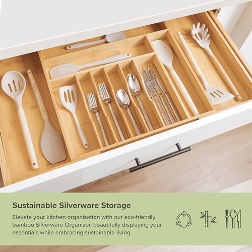 Silverware & Utensil Organizer Bundle, 18-33in & 16-28in | Includes two organizers, expandable 18-33 in; 16-28 in, food-safe bamboo, fits most drawers - Image 3