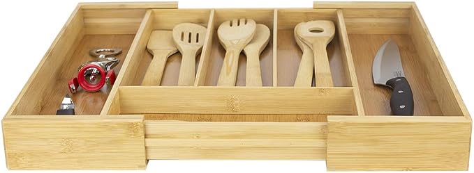 Home Basics Natural Expandable Organizer, Premium Cutlery and Utensil Tray-Pure Bamboo, Adjustable Kitchen Drawer Divider or Makeup - Image 5