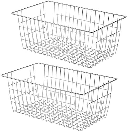 SANNO Freezer Baskets for Storage Pantry Large Metal Wire Food Storage Organizer Bin Basket with Handles - for Kitchen Cabinets, Pantry, Bathroom, Laundry Room, Closets, Garage - Chrome，2 pack by SANNO