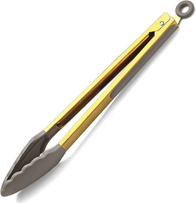 Gold Cooking Tongs, Berglander Heavy Duty Food Tongs For Cooking With Silicone Tips And Titanium Gold Plating Handle, Kitchen Tongs, Grill Tongs, Dishwasher Safe, Easy to Clean by Berglander