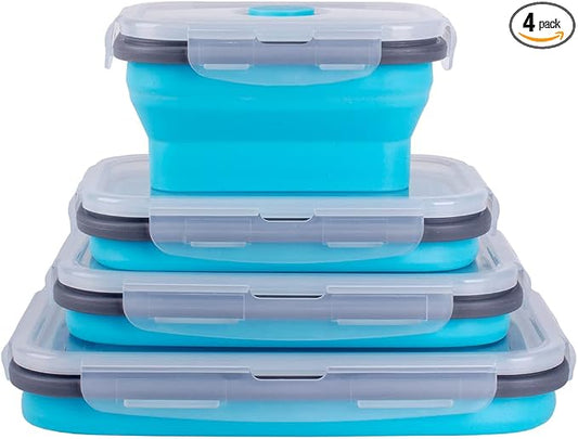 Collapsible Food Storage Containers with Airtight Lid & Air Vent, 4 Sizes, Kitchen Stacking Silicone Collapsible Meal Prep Container Set for Leftover, Microwave Freezer Dishwasher Safe, Blue, Set of 4 by Annaklin