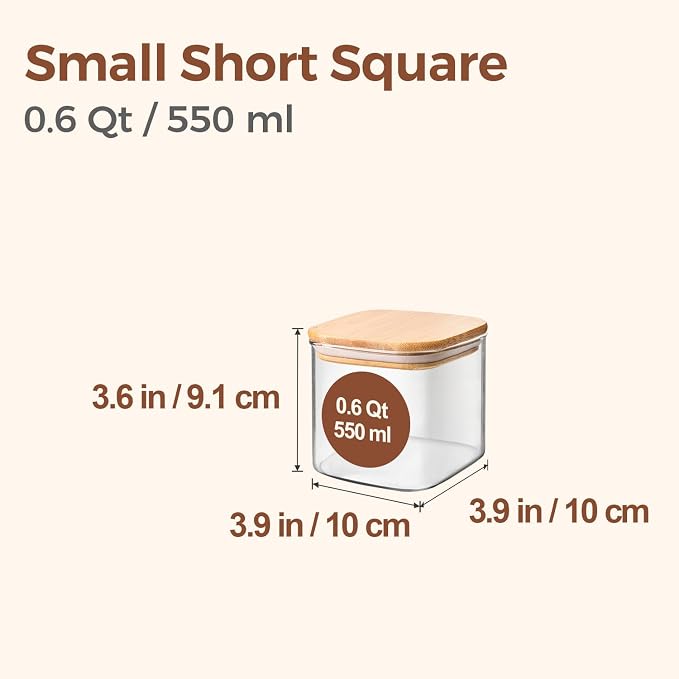 ComSaf Square Glass Containers With Lids 0.6 Qt, Set of 6 Small Galss Jars | Small Glass Canisters, Spice Jar, Pantry Organization, Snack, Cookie, Coffee Bar Organization, Size For Subpackage, BPA Free - Image 2