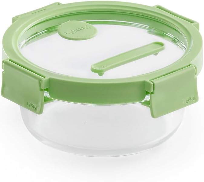 Lékué Round Glass Food Container with Airtight Lid & Steam Valve - 22oz - Borosilicate Glass & 100% Platinum Silicone Lidded Dish for Storage and Cooking - Microwave, Freezer & Dishwasher Safe by Lekue