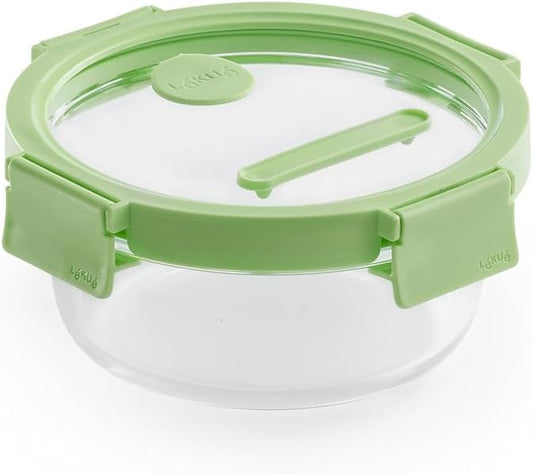 Lékué Round Glass Food Container with Airtight Lid & Steam Valve - 22oz - Borosilicate Glass & 100% Platinum Silicone Lidded Dish for Storage and Cooking - Microwave, Freezer & Dishwasher Safe by Lekue