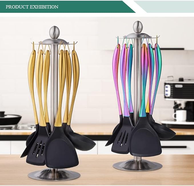 Silicone Cooking Utensil Set, 6 pcs Silicone Cooking Kitchen Utensils Set, Non-stick Kitchen Cookware Titanium Stainless Steel Handle with Utensil Holder, Spatula Set for Cooking -Silver - Image 7