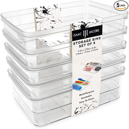 Isaac Jacobs 5-Pack Small Clear Storage Bins (5.5” L x 7.75” W x 2.5” H) | Cutout Handles, Plastic Organizer for Home, Kitchen, Fridge, Desk, Bathroom, Drawers, BPA Free, Food Safe (5-Pack, Small) by IsaacJacobs