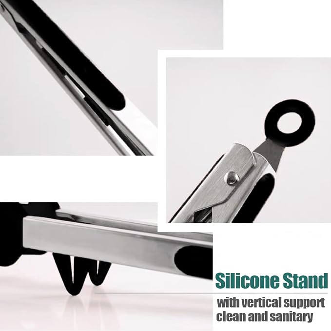 3 Pack Black Silicone Kitchen Cooking Tongs Set, Stainless Steel Nonstick Food Tong with BPA Free Silicone Tips for Serving Pasta Spaghetti Steak Pie Pizza Salad Vegetable Fruit Grilling BBQ - Image 2