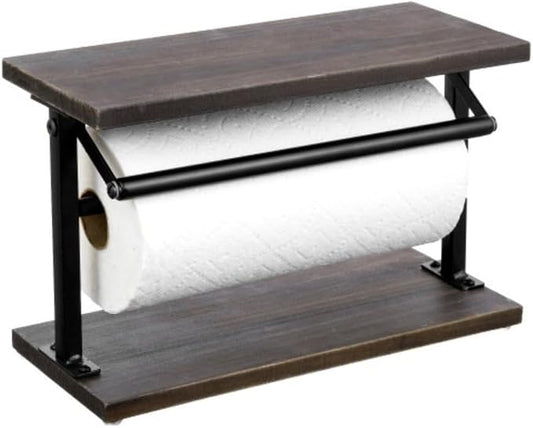 MyGift Kitchen Countertop Paper Towel Holder and Condiment Display Shelf Rack, Rustic Burnt Wood and Metal Towel Dispenser with Top Shelf for Bathroom or Kitchen by MyGiftHome