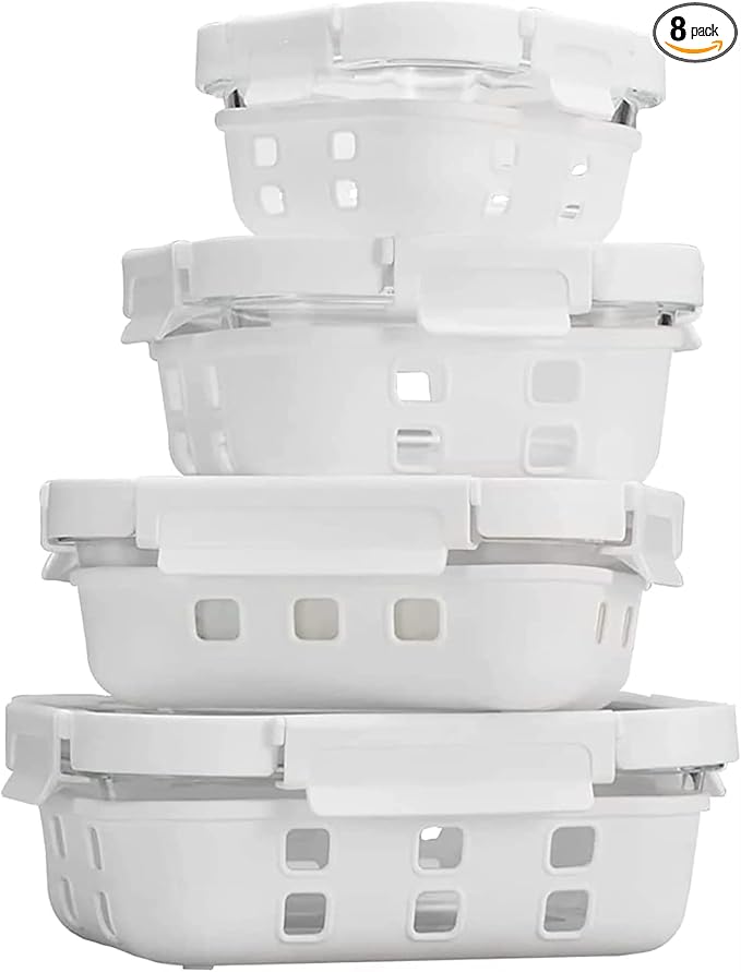 Glass Food Storage Meal Prep Containers - Food Grade Silicone Wrap & Air Release Vent, Rectangular shape - 8 Pc Set (4 Containers - 4 Matching Lids) by GENICOOK
