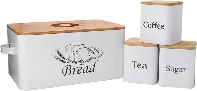 SOTECH Bread Box with 3pcs Jars Coffee Sugar Tea for Kitchen Countertop White Metal Bread Box with Bamboo Board Cover Pastry Storage Container Set Kitchen decor (white box with jars) - Image 9