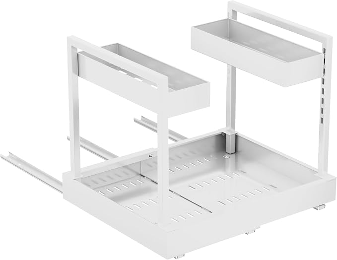 NEWMATIC Adjustable Under Sink Organizer Pull Out Drawers, 2-Tier Slide Out Cabinet Storage Shelf for Kitchen Sink, Height & Width Extendable White, 15''D x 13''-20.5''W x 15''H(1Pack) - Image 8