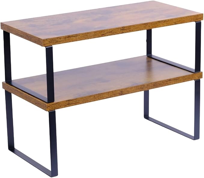 Sben Cabinet Organizer Shelf, Set of 2 Kitchen Counter Shelves, Kitchen Storage, Spice Rack, Stackable, Expandable, Metal and Engineered Wood, Ink Black and Rustic Brown by SBEN