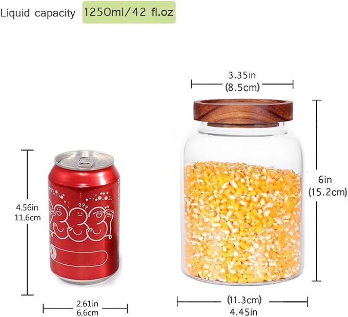 Glass Storage Jars with Airtight Lids, Set of 2 42 FL OZ (1250ml) coffee container with Wooden Lid, Glass Pantry Canister for Beans, Rice, Sugar and etc (6.3 inch high) - Image 2