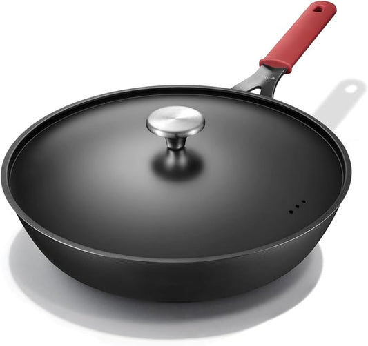 Carbon Steel Pan, 12 Inch Nonstick Frying Pan Skillet with Lid | Pre-Seasoned Carbon Steel Cookware with Removable Silicone Handle Holder, Indoor/Outdoor, Induction & Oven Safe by Yonida