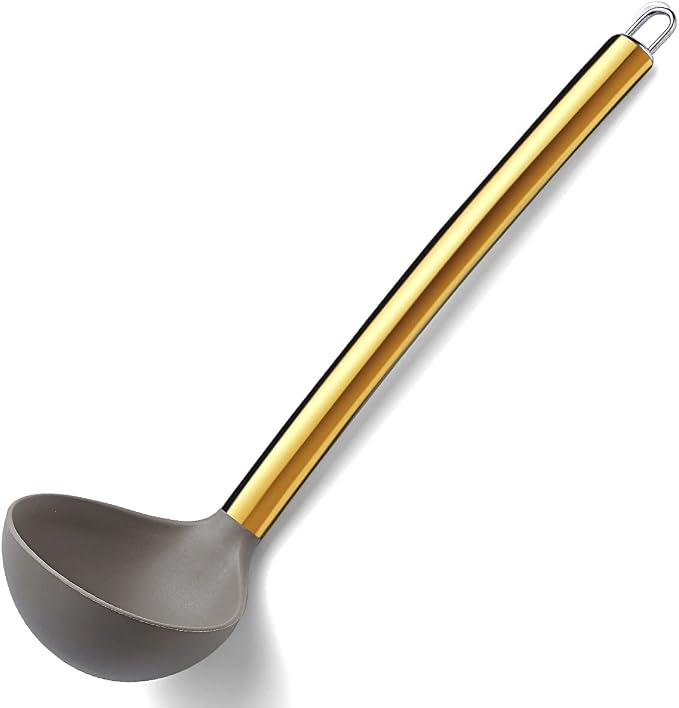 Gold Ladle, Berglander Non-stick Silicone Kitchen Ladle With Titainium Gold Plating handle, Soup Ladle, Cooking Ladle Soup Spoon For Cooking, Dishwasher Safe, Easy to Clean by Berglander