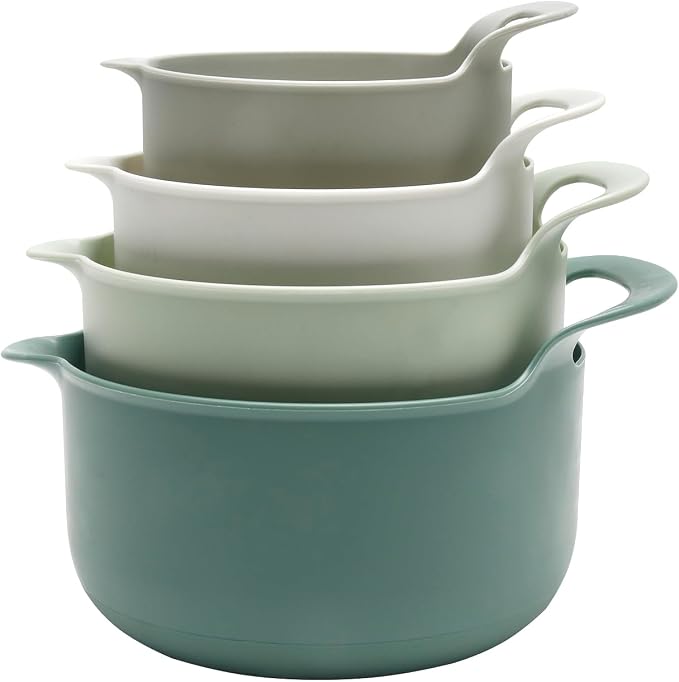 COOK WITH COLOR Nesting Plastic Mixing Bowl Set with Pour Spouts and Handles, Sage, 4 Piece Non-Slip by CookwithColor