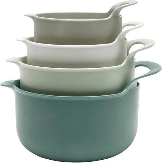 COOK WITH COLOR Nesting Plastic Mixing Bowl Set with Pour Spouts and Handles, Sage, 4 Piece Non-Slip by CookwithColor