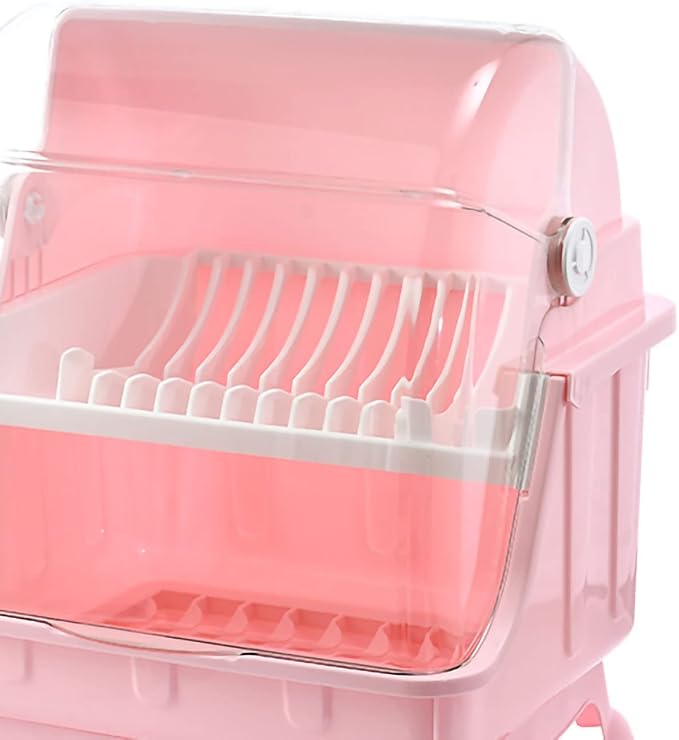 Dish Drying Rack, Bottle Dryer Holder with Cover Lid and Removable Drainboard, Utensil and Cup Holder for Kitchen Counter, Dish Dryer Shelf, Medium Size, 16 x 13 x 18.3 Inch (Pink) - Image 5