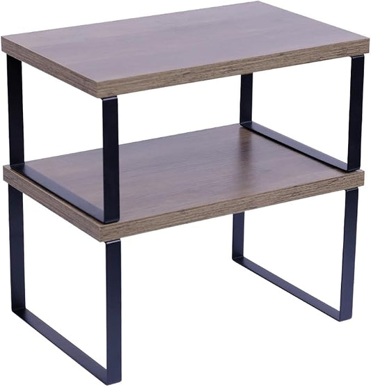 Sben Cabinet Organizer Shelf, Set of 2 Kitchen Counter Shelves, Kitchen Storage, Spice Rack, Stackable, Expandable, Metal and Engineered Wood, Ink Black and Brown Surface by SBEN