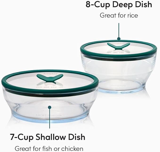 Anyday 4-Piece Large Glass Food Storage with Lids (Clear Kale) | Microwave Steamer, Plastic-Free Meal Prep, Stackable Airtight Storage Container, Vented Glass Lid, Microwave-Safe Reheating - Image 2